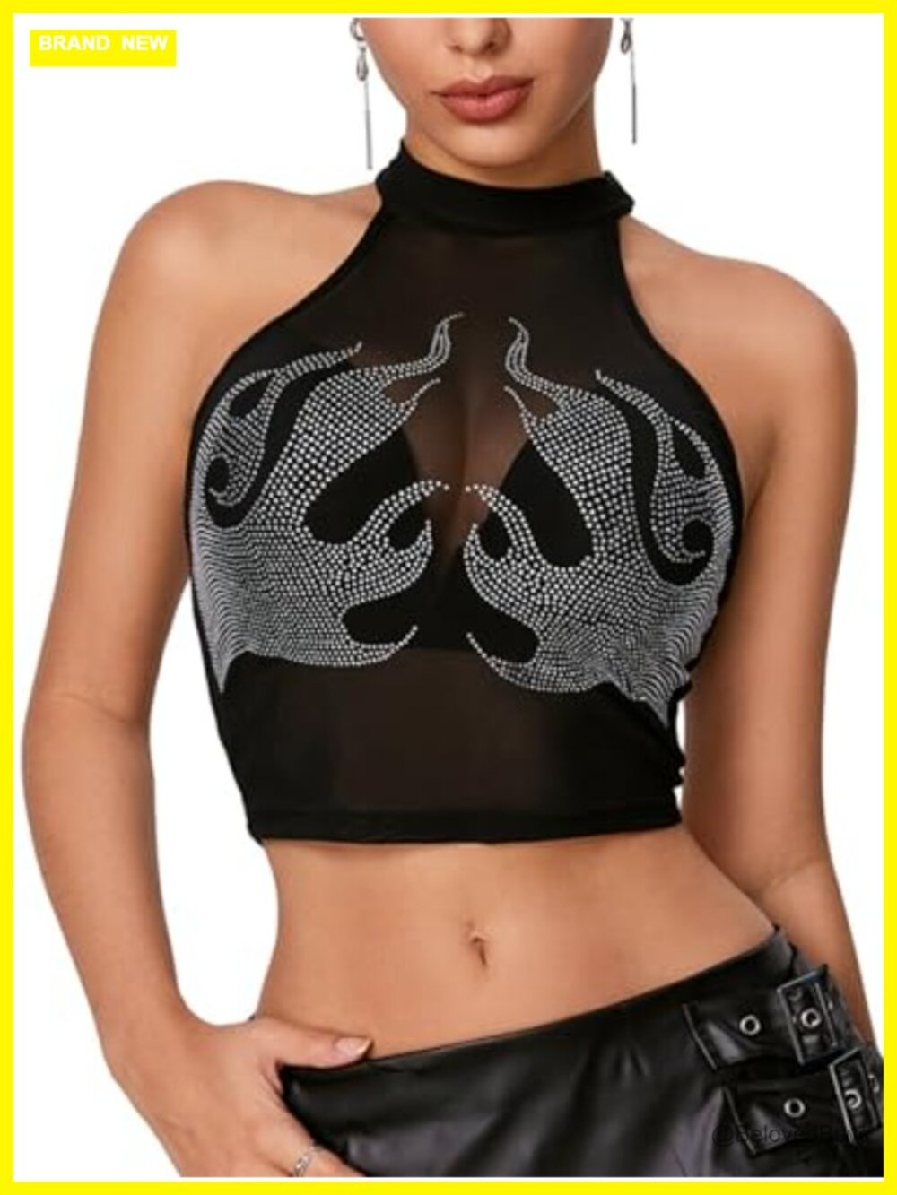 Rhinestone Mesh Halter Crop Top Y2K Rave Tank Top